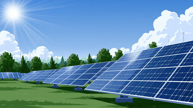 Solar panel solar power photovoltaic panel renewable energy clean energy blue sky sunlight green field power plant landscape electricity energy sustainability eco friendly alternative energy