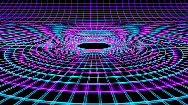 Abstract neon grid perspective tunnel glowing ring digital background purple blue black hole futuristic design 3d render mathematical graph wave pattern