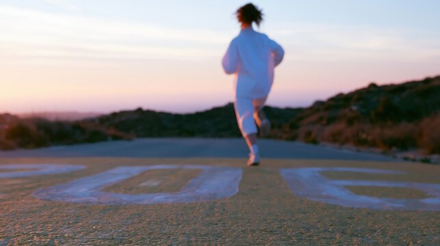 Person in white athletic wear running on a yellow road with painted numerals for New Year fitness goals and inspirational lifestyle advertising