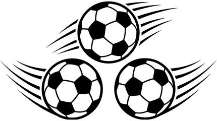Fototapeta premium Dynamic soccer balls moving with speed lines in black and white minimalist vector illustration style for sports branding and design