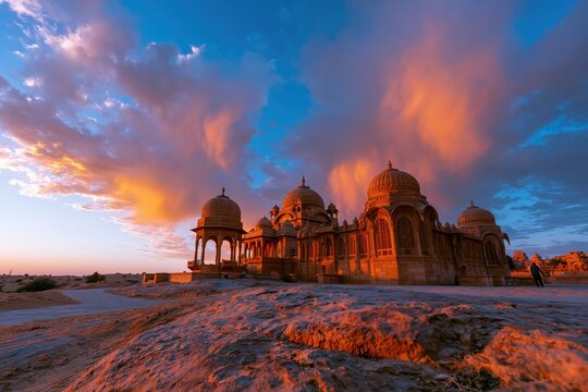 Ornate sandstone cenotaphs with domed pavilions under a dramatic sunset sky, weathered stone desert monuments for Indian heritage and travel tourism
