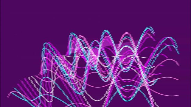 Neon light wave patterns flowing through space creating rhythmic motion across a deep purple colored field
