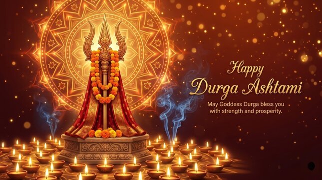 Happy Durga Ashtami Greeting Banner with Sacred Trident, Traditional Oil Lamps and Floral Decorations
