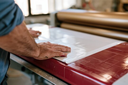 Hands of a printer pressing a proof sheet on a red press bed, showing tactile glossy texture and industrial craft for prepress and offset printing services