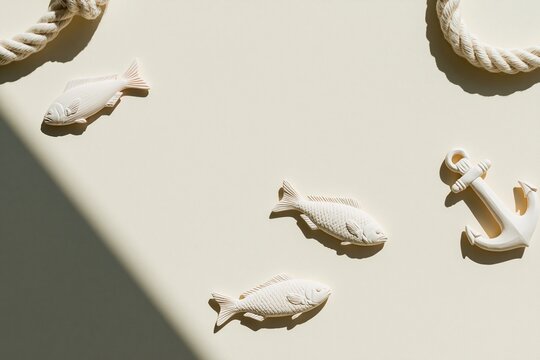White maritime fish and anchor decor on a pale yellow surface with crisp shadows for a baptism or communion celebration card