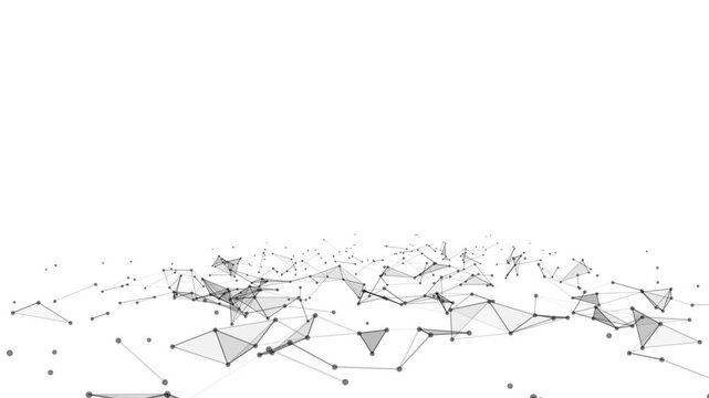 Fly through futuristic network - abstract dots and lines on blue. black and white background