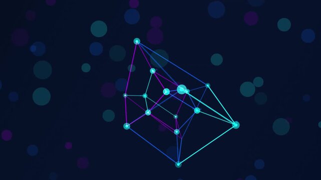 Rotating geometric structure with glowing neon dots and connecting lines suspended in dark outer space