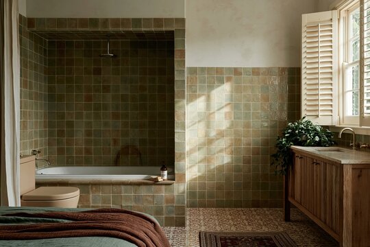 Modern bathroom interior featuring a green tiled alcove bathtub and timber vanity with soft daylight for home renovation and real estate campaigns