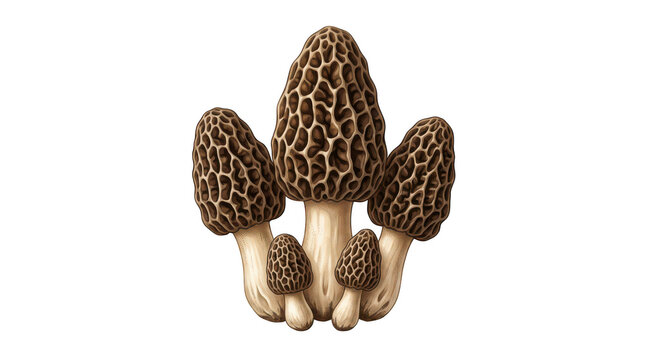 A group of detailed illustrations of edible morel mushrooms in various sizes transparent background