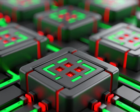 Lithium battery cell circuitry grid energy storage power connection technology module square gray red green abstract closeup industrial electronic electrical system network pattern stack pack