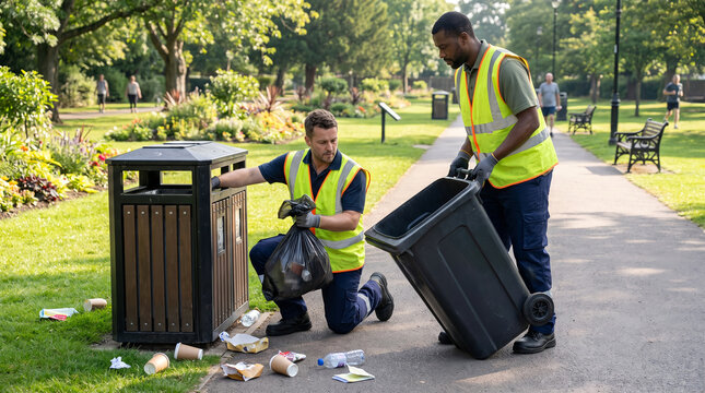 Two male sanitation workers in safety vests, plastic garbage bag and wheeled waste bin, picking up litter around trash can, green public park pathway, service photography