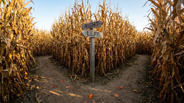 Wooden directional signpost with left and right arrows, tall dry corn stalk maze walls, standing at fork in dirt trail, autumn agricultural cornfield, conceptual photography