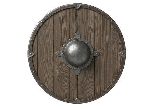 Old round wooden viking shield with metal boss and iron studs isolated on transparent background