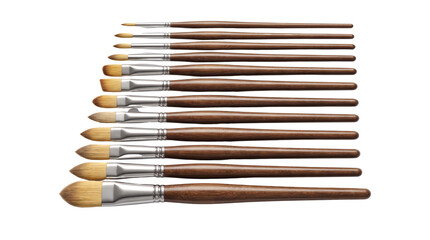 Fototapeta premium Professional artist paintbrushes with wooden handles, set of 12 assorted painting brushes for acrylic and oil, fine art supplies for creative hobby isolated PNG with Transparent Background