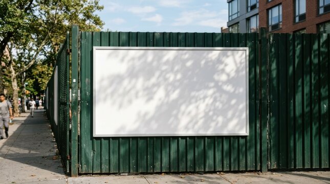 Blank billboard sign mockup on a dark wooden fence on a city street with trees and buildings