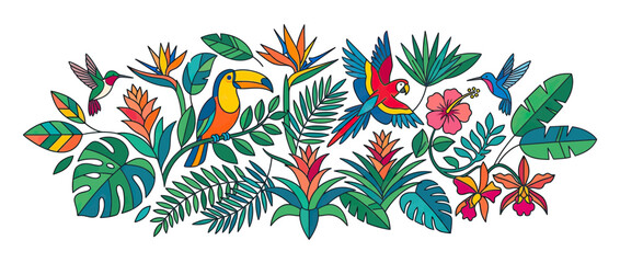 Obraz premium Exotic Birds and Tropical Plants Illustration