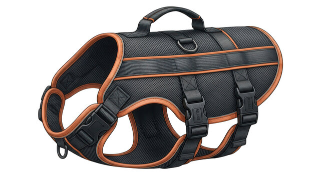 Durable black and orange dog harness with adjustable straps and sturdy buckles for outdoor adventures transparent background