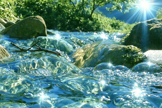 Shallow forest stream flows over mossy green stones with sparkling water droplets and sun flares, for natural mineral water branding