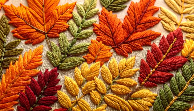 Embroidery Vibrant Autumn Leaves Neutral Fabric Surface