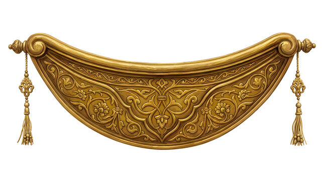 Decorative golden vintage filigree ornament with ornate floral patterns and hanging pendants