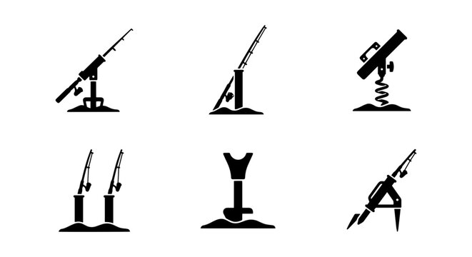 Fishing Rod Holders, Rod Rests, Tackle Gear Icons, Vector Set for Angling