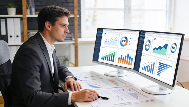 Business Analyst Reviewing Data Metrics on Dual Monitors in Modern Office