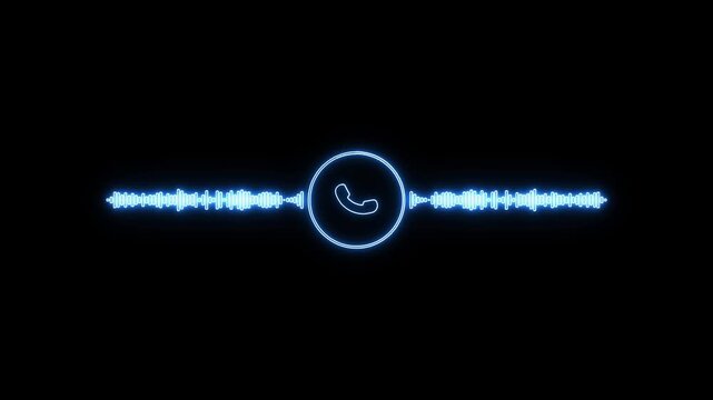 A blue neon outline of a telephone receiver within a circle is centered between two glowing blue sound wave visualizations against a dark black background. Keywords: audio, call, communication