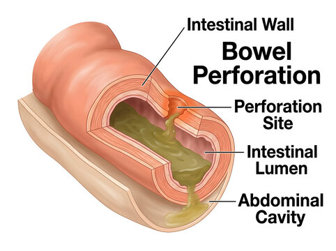 Bowel perforation in the intestinal wall illustration isolated on white background