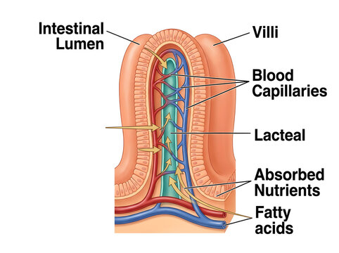 Cross-section of intestine showing nutrient absorption process isolated on white background