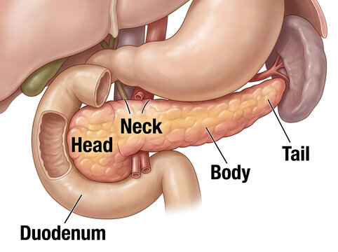 Anatomical diagram of pancreas parts labeled clearly isolated on white background