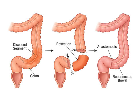 Colon resection and bowel anastomosis surgery illustration isolated on white background