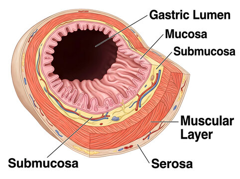 Cross section of human stomach anatomy layers diagram isolated on white background