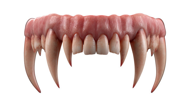 Highly realistic vampire teeth with sharp fangs and eerie Halloween details, isolated PNG on transparent background