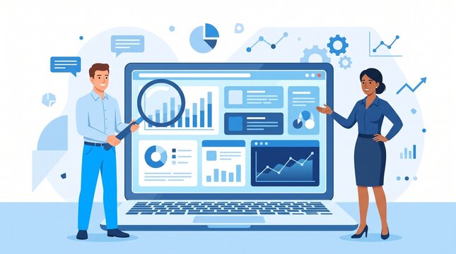 Business team analyzing data on laptop dashboard