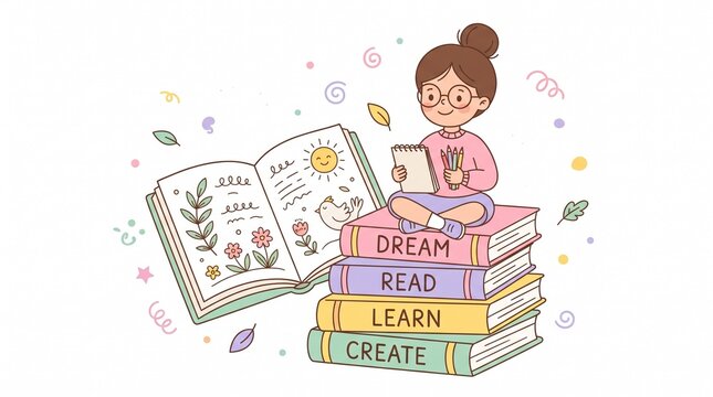 Girl reading and drawing surrounded by books