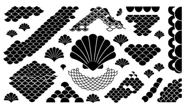 Geometric Fish Scale and Seashell Silhouette Vector Set with Scalloped Borders Japanese Wave Patterns and Mermaid Textures for Marine Nautical Designs