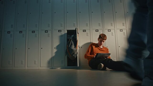 Stylish Teen Sitting on Floor Near Lockers, Working on Graphic Illustration During School Break. Gen Z Youth Lifestyle, Self Development, Choosing Creative Future Career Path in Visual Arts, Design.