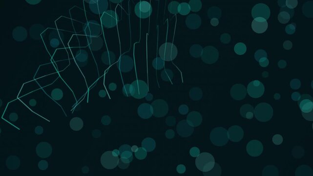 Floating teal circular orbs and glowing lines moving across a deep dark space atmosphere environment