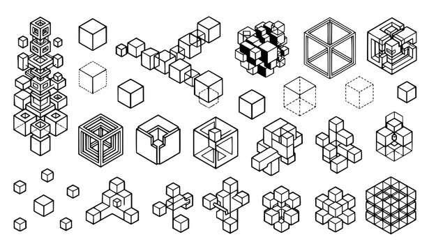Abstract Isometric 3D Cube Line Art Vector Set with Geometric Block Configurations Perspective Wireframes and Block Structures for Tech and Architecture Designs