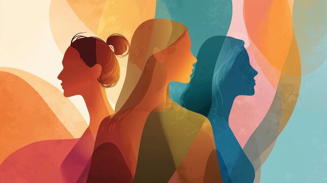 Three Women in Colorful Layered Abstract Profile Portrait