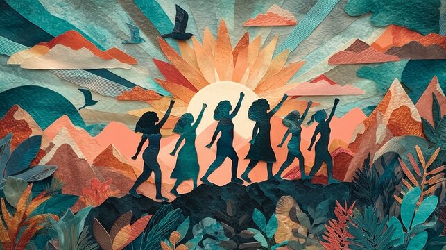 Women Hiking on a Mountain Ridge at Sunrise in Paper Collage Art