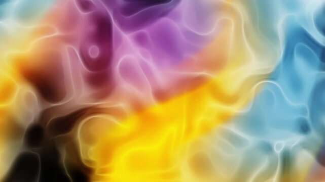 Vibrant abstract background featuring vibrant flowing liquid waves and glossy plastic textures with a blend of yellow, purple, and blue gradients