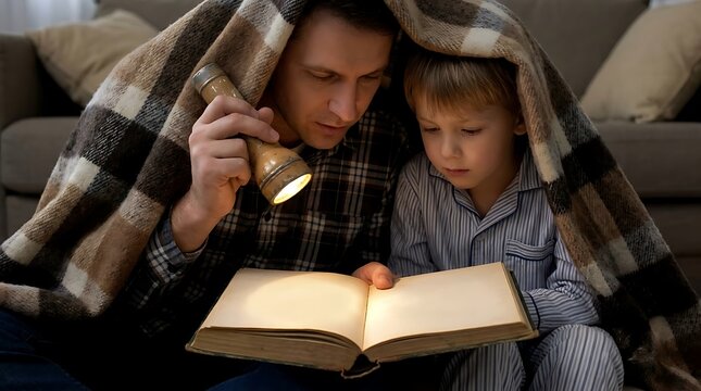 Father and son with flashlight reading book under blanket at home