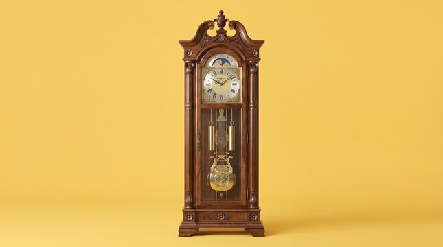 Elegant antique pendulum clock on yellow background for home decor