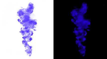 Fototapeta premium Purple smoke plume on white and black background, ethereal violet ink in water, abstract blue vapor cloud for design overlays