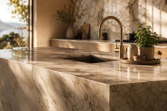 Luxurious modern kitchen interior featuring a large marble island countertop with a brass faucet, sink, and a potted plant, bathed in warm sunlight.