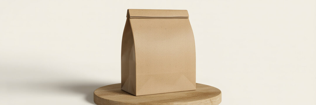 Minimalist brown kraft paper bag on round wooden display stand, neutral beige background with ample negative space for text, eco-friendly packaging concept