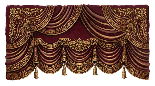 Elegant dark red velvet curtain valance with ornate gold embroidery and tassels