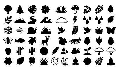 Fototapeta premium Minimal Nature Line With Fill Icon Collection Featuring Trees Plants Wildlife Landscape and Weather Vector Symbols