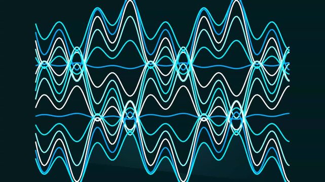 Glowing blue and white sine waves oscillate in a rhythmic pattern for scientific data visualization